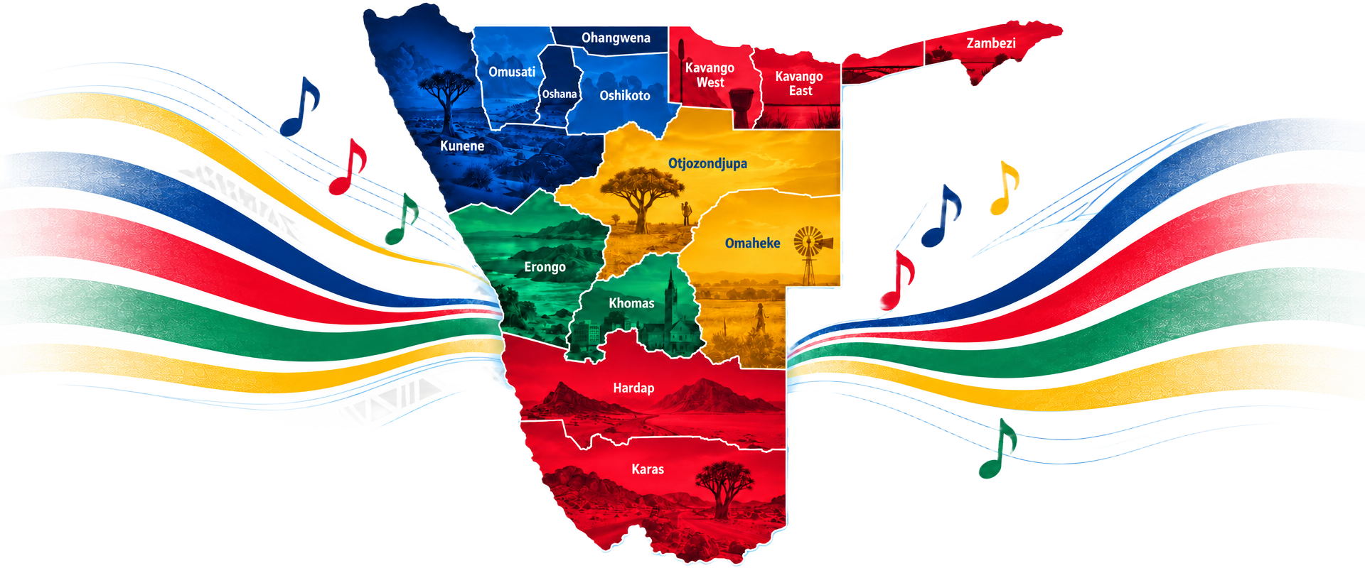 Map of Namibia showing the fourteen regions with music notes